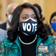 Rep. Terri Sewell, D-Ala., alongside other members of the Congressional Black Caucus, speaks in front of the Senate chambers about their support of voting rights legislation, at the Capitol in Washington, on Jan. 19, 2022. Majorities of Americans in both major parties think voting rules in their states are appropriate and support a voter identification law, but Democrats are increasingly worried about progress in voting rights for Black Americans